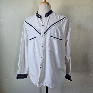 Vintage 70s 80s Button Up Shirt Mens 46 Ivory Multi Ethnic Long Sleeve Ecuador
